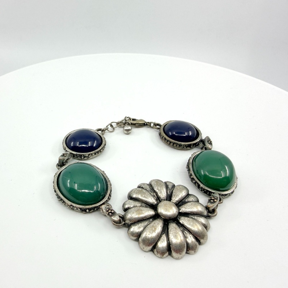 Vintage Boho Flower Bracelet Green Navy Cabochon Silver Tone